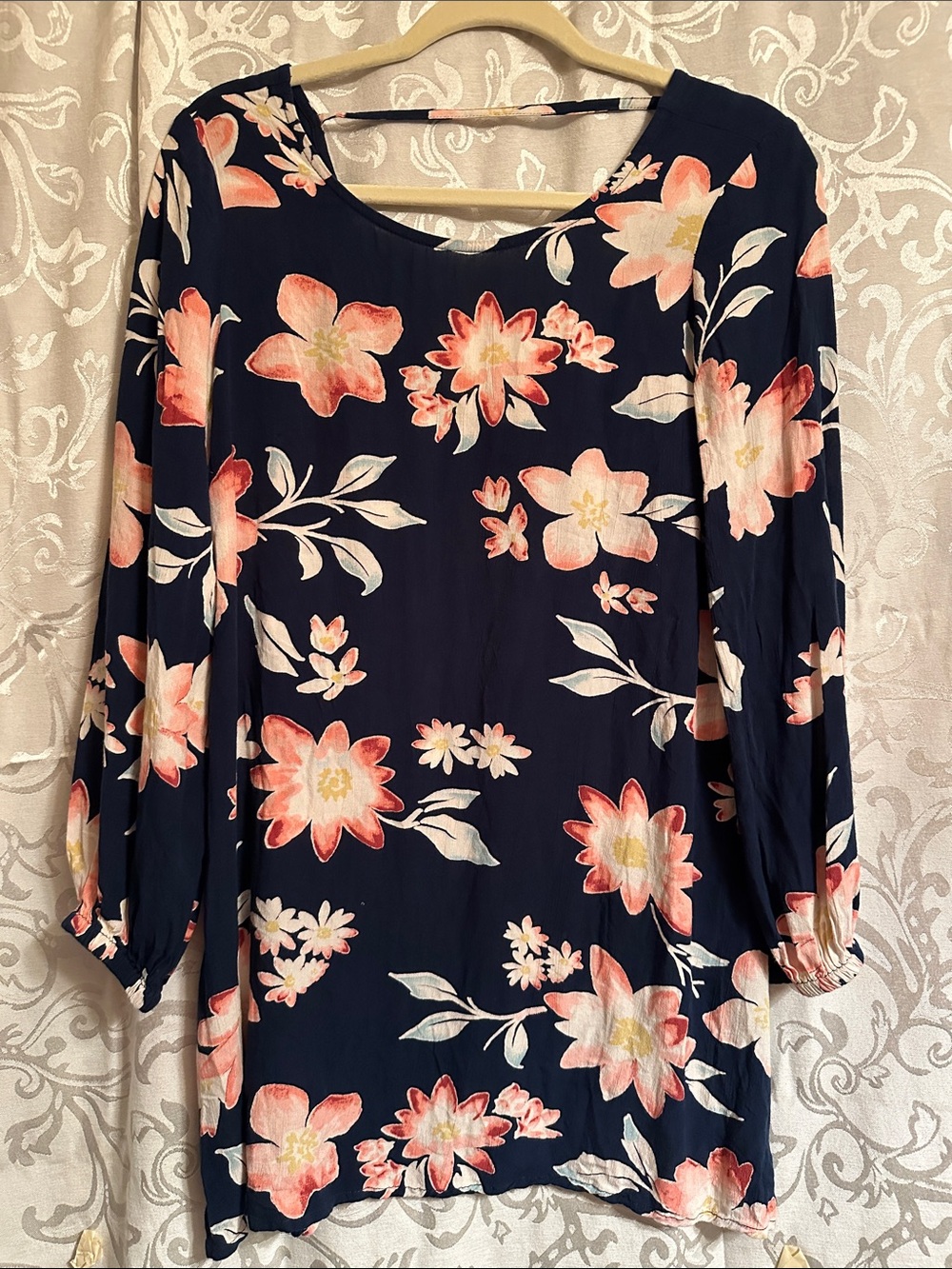 Billabong Navy Floral Tunic with Peach & Cream Blooms